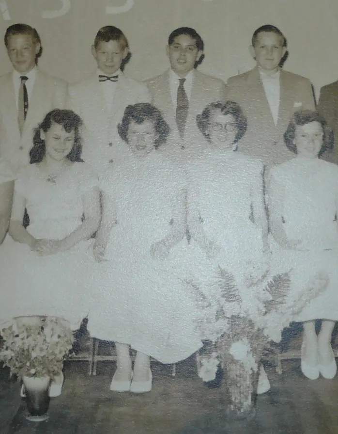 1955 graduates: ?, Mary Lou Endres, ?, ?, ?, Skeeder Austin