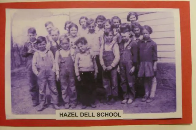 Hazel Dell School, 1937 or 1938: Griff Jones and his sister and brother, with teacher Helen Black of Stark County