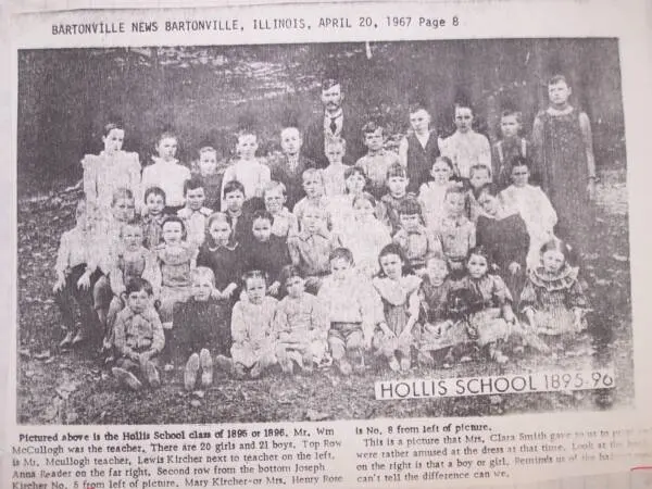 Hollis School class of 1895-96, from the Bartonville News, April 20, 1967