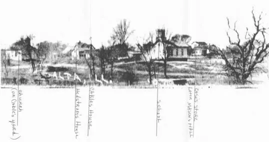 Alta, Ill., with the church, Hedstrom's house, Cable's house, the school and Case's store and Masonic Hall marked
