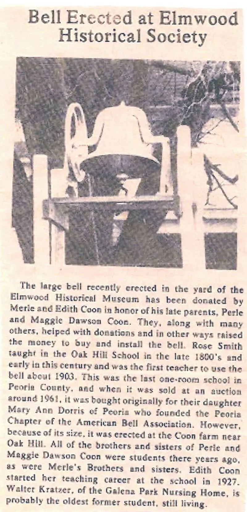 Elmwood Gazette article on the Oak Hill School bell, 1984
