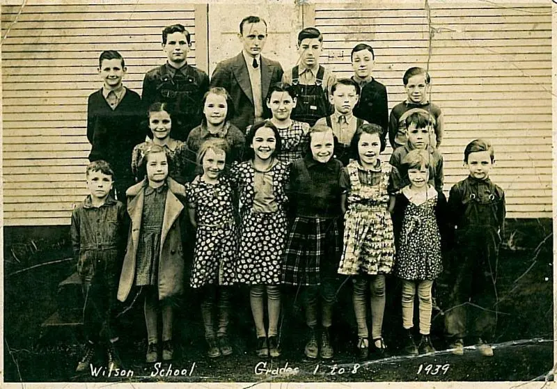Wilson School in Akron Township, 1939, grades 1 to 8, teacher Mr. Leo B. Kneer